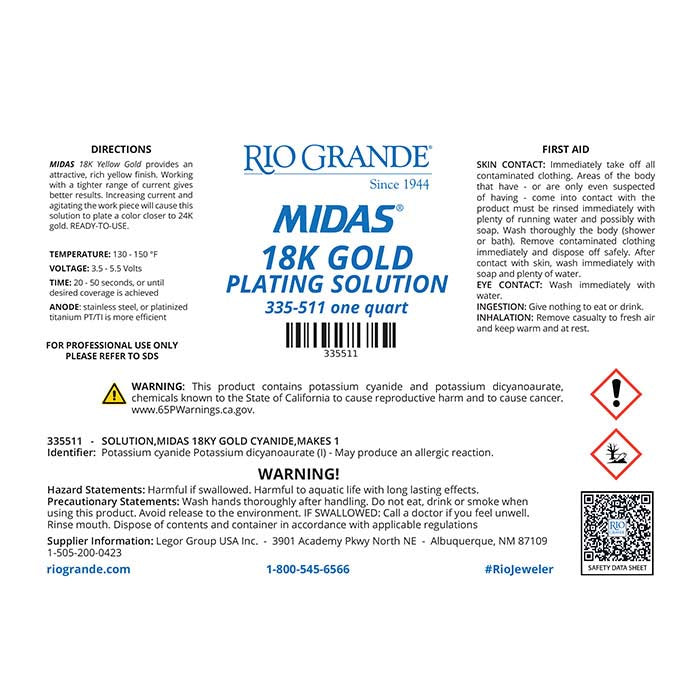 Midas 18K Yellow Gold Plating Solution, Cyanide-Based