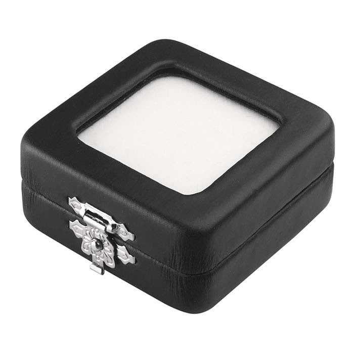 Juoda dirbtinės odos akmenukų dėžutė su stiklo dangčiu ir apverčiamu įdėklu