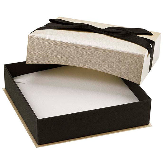 Ribbon-Wrapped Cream and Gold Linen Paper Necklace Gift Box