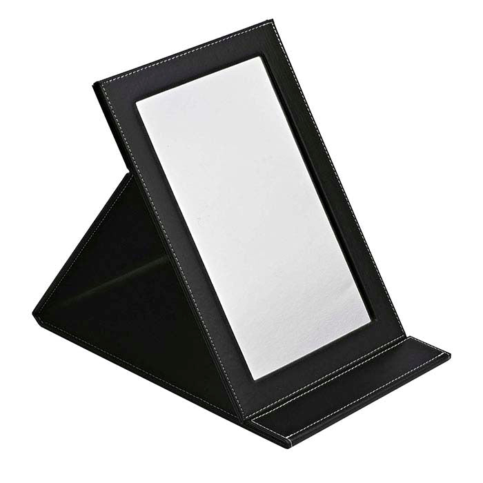 Juodas dirbtinės odos aptrauktas sulankstomas veidrodis