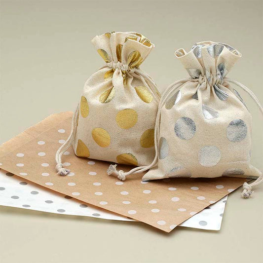 Natural Cotton 127.0mm x 177.8mm Pouch with Gold Dots