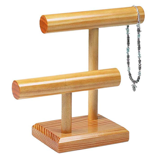 Espositore combinato a due barre in legno con finitura naturale