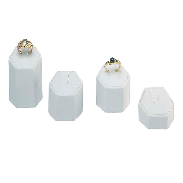 White Faux Leather Hexagon Pedestal Ring Display Set