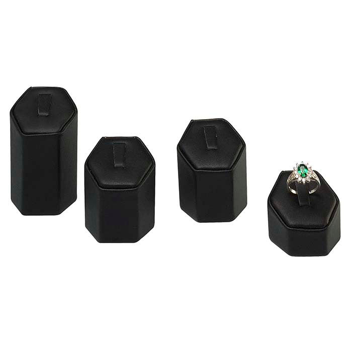 Set di espositori per anelli a piedistallo esagonale in similpelle nera
