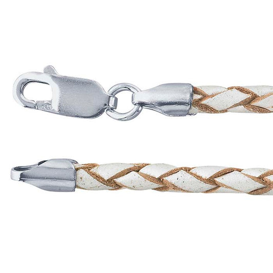 Pearl-Color Leather 3mm Braided Cord Necklace with Rhodium-Plated Sterling Silver Clasp