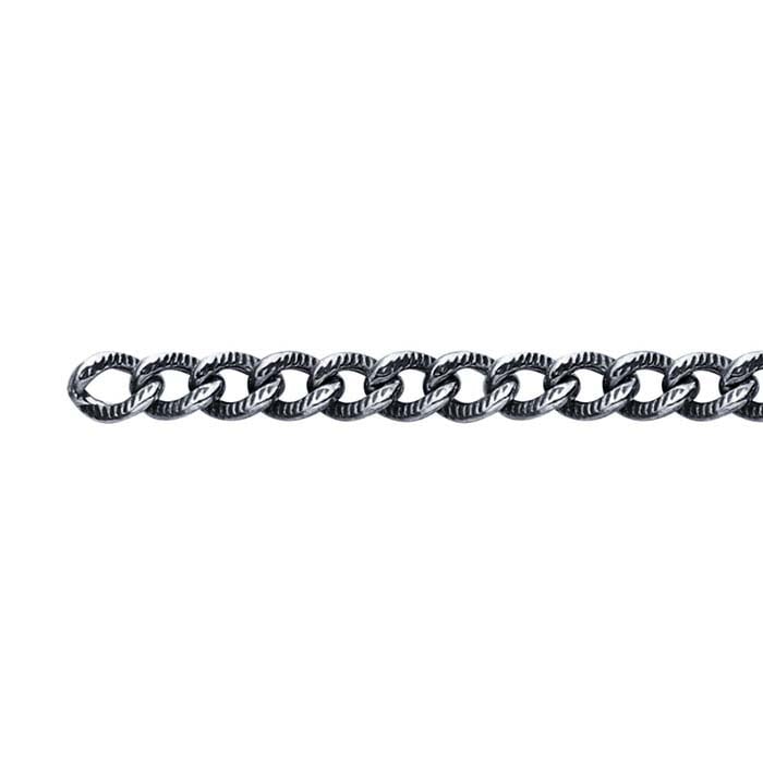 Sterling Silver Oxidized Patterned Round Curb Chain, By the Foot