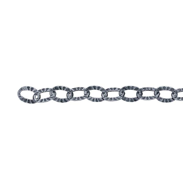 Sterling Silver Oxidized Patterned Flat Oval Cable Chain, By the Foot
