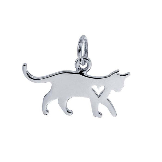 Sterling Silver Cat Charm with Heart Cut-Out