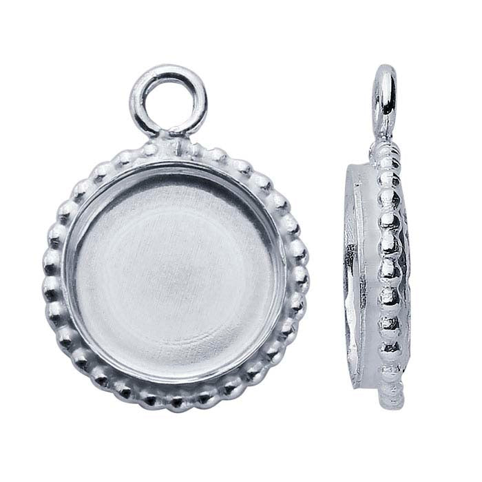 Sterling Silver Round Beaded-Edge Cabochon Pendant Mountings with Ring