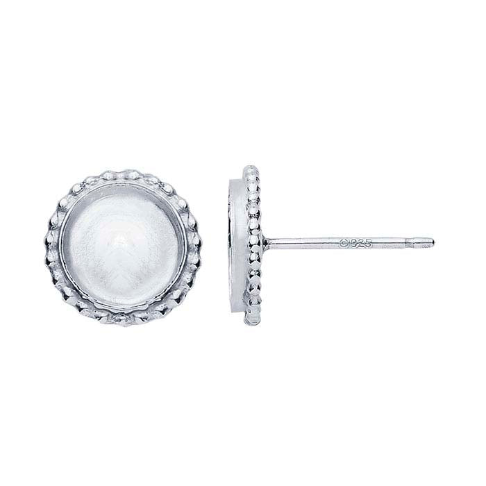 Sterling Silver Round Beaded-Edge Cabochon Post Earring Mounting
