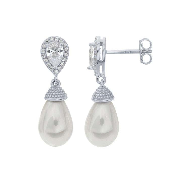 Sterling Silver CZ-Set Shell Pearl Drop Post Earrings