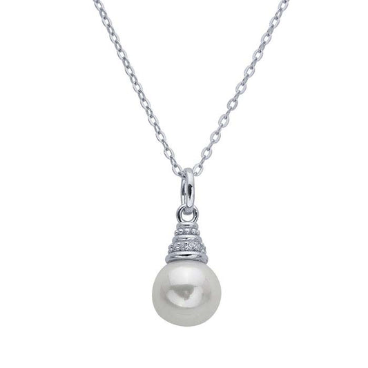 Sterling Silver White Shell Pearl Drop Necklace with CZs