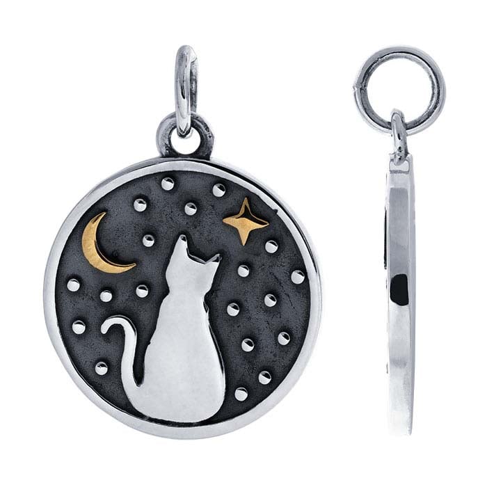 Sterling Silver Kitty Charm with Bronze Star & Moon