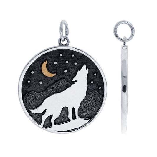 Sterling Silver Wolf Pendant with Bronze Moon