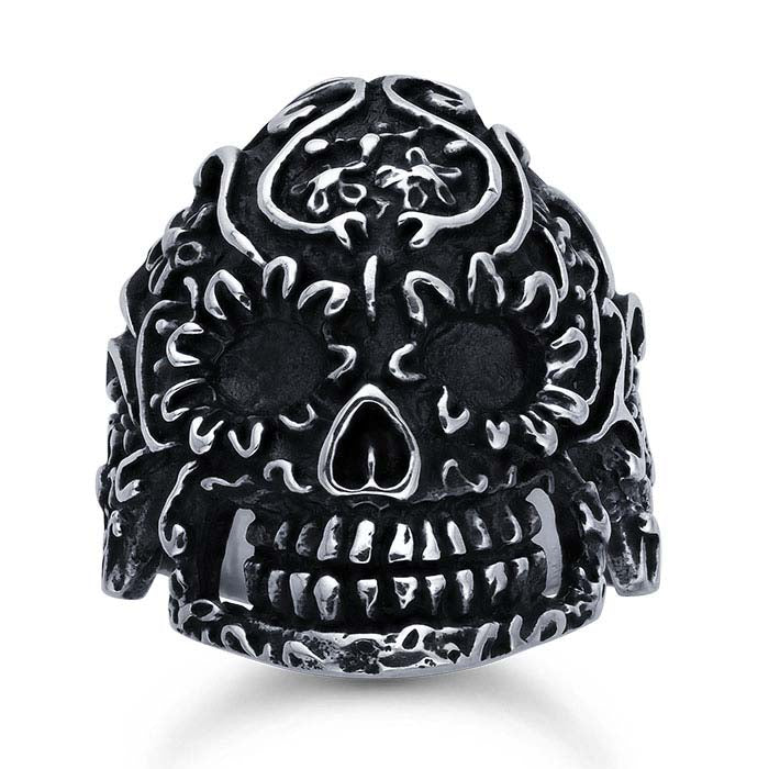 स्टर्लिंग सिल्वर खोपड़ी और फूलों की अंगूठी