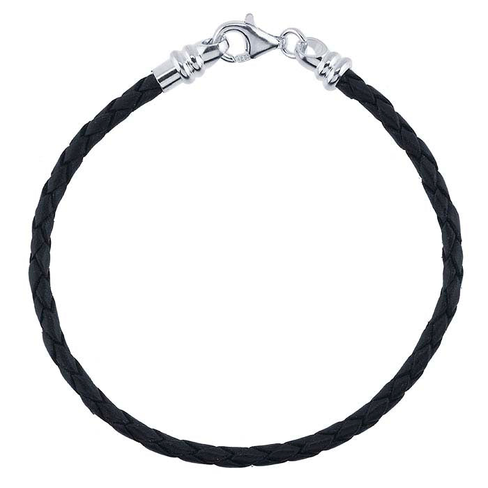 Bracciale in corda intrecciata in pelle nera con terminale filettato in argento sterling