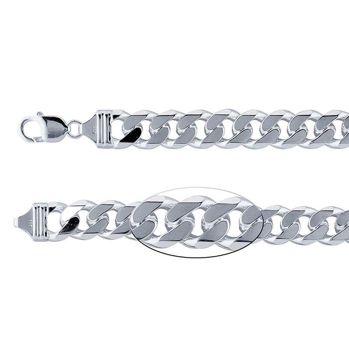 Sterling sølv 13,3 mm skråkantet curb-kjede armbånd