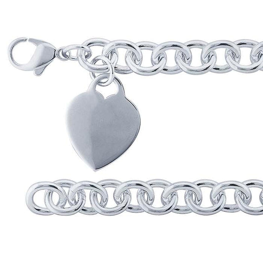 Pulsera de cadena de cable de plata de ley con placa de corazón
