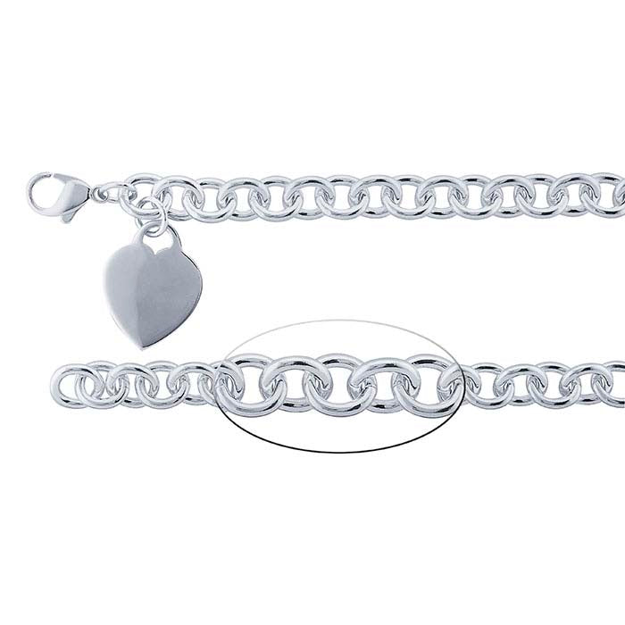 Bracelet chaîne câble en argent sterling avec plaque en forme de cœur