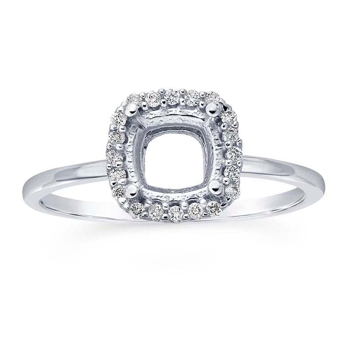 14K White Gold Cushion Semi-Mount Halo Engagement Ring Mounting