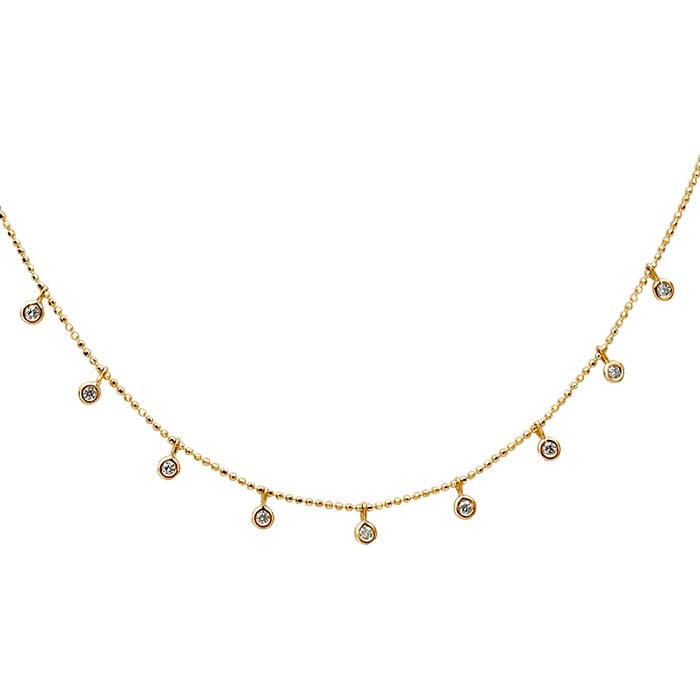 14K gult gull kjede med perler og diamantinnfatning