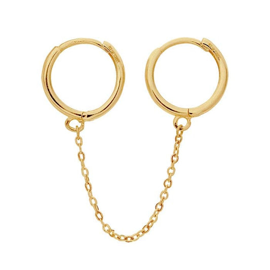 14K Yellow Gold Double Huggie Earrings with Chain