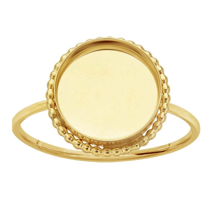14/20 geltono aukso užpildyta 10 mm karoliukais puošta apvali kabochono žiedo pagrindas