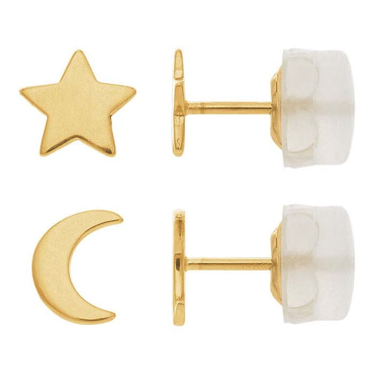 14K Yellow Gold Moon and Star Post Earring Set