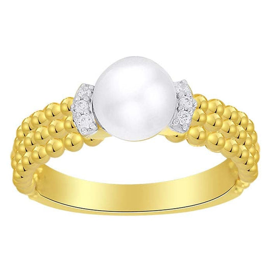 14K Yellow Gold Diamond- & Pearl-Set Beaded Ring