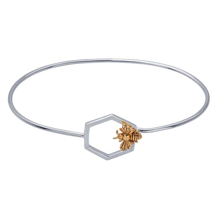 Sterling Silver Honeycomb with Bronze Bee Bangle Bracelet