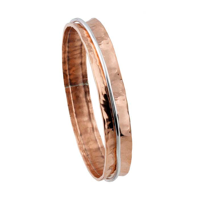 Koperen hamerslag concave armband met beweegbare ring van sterling zilver