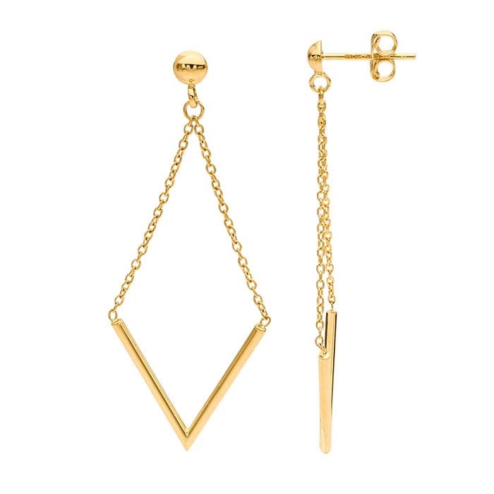 14K Yellow Gold Half-Ball Post Earrings with "V" Chain Dangle