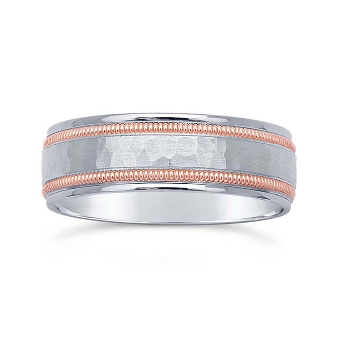 Nordt 14K White Gold Hammered Wedding Band with Rose Gold Millgrain Edges