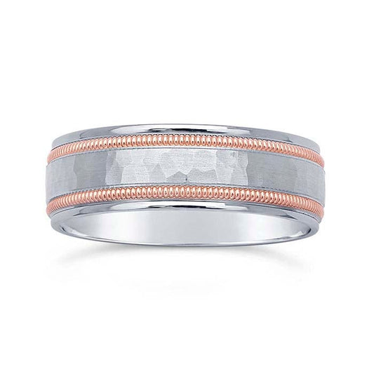 Nordt 14K White Gold Hammered Wedding Band with Rose Gold Millgrain Edges