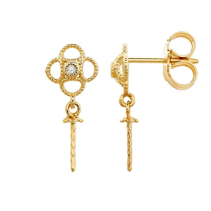 14K Yellow Gold Diamond-Set Filigree Post Earring with Pearl Mounting