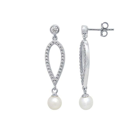 Sterling Silver CZ-Set White Freshwater Pearl Drop Post Earrings