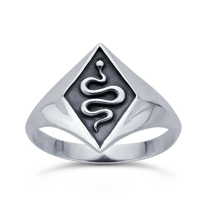 Sterling Silver Diamond-Shaped Signet Ring with Snake – Amadesa
