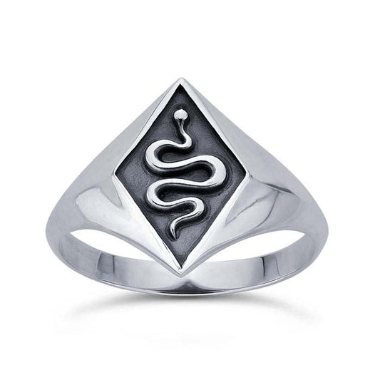 Sterling Silver Diamond-Shaped Signet Ring with Snake
