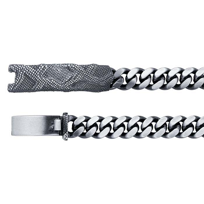 Sterling Silver Oxidized Curb Chain Bracelet with Snake Skin Clasp