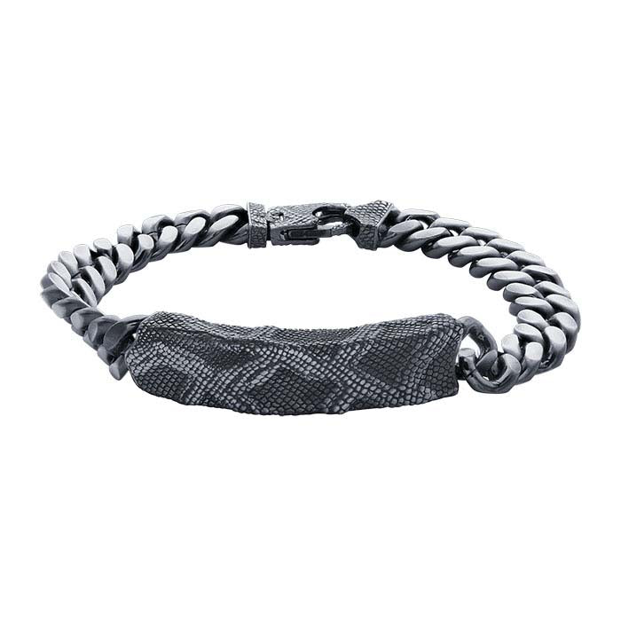 Sterling Silver Oxidized Curb Chain Bracelet with Snake Pattern