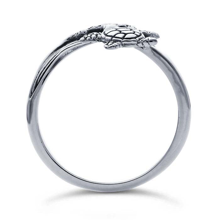 Sterling Silver Sea Turtle & Wave Bypass Ring, Adjustable