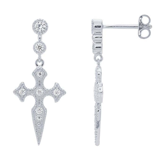 Sterling Silver CZ-Set Cross Drop Post Earrings
