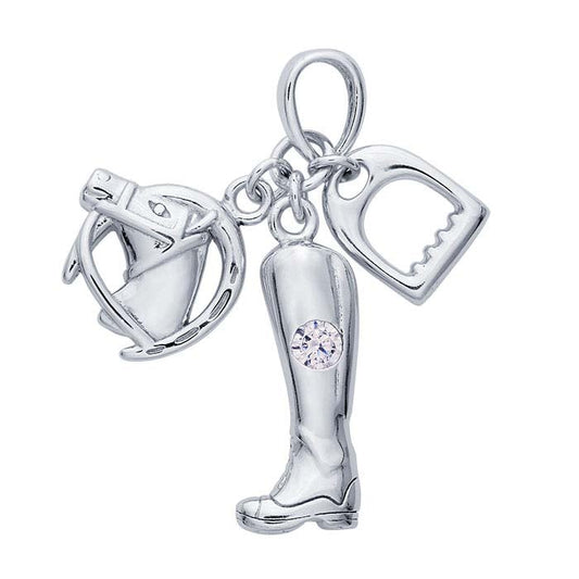 Sterling Silver CZ-Set Cowboy, Stirrup and Horse Pendant