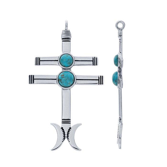 Sterling Silver Turquoise-Set Crosses & Moon Pendant
