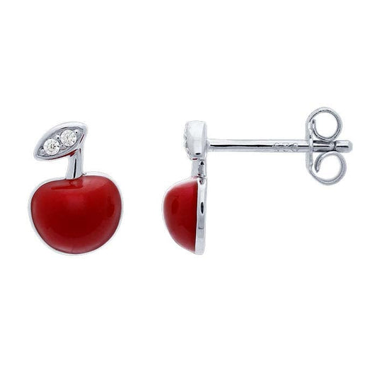 Sterling Silver CZ-Set Enameled Apple Post Earrings