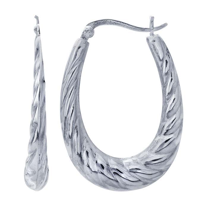 Sterling Silver Hollow Twist Oval Hoop Earrings