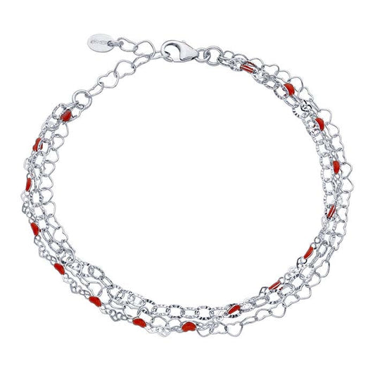 Sterling Silver Three-Strand Red Heart Bracelet