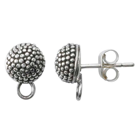 Sterling Silver Beaded Half-Ball Post Earring with Closed Ring