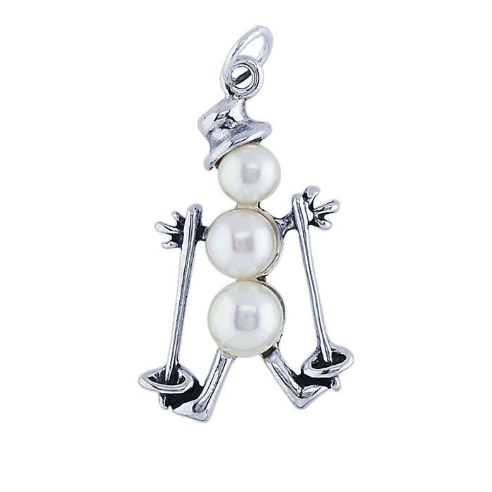 Sterling Silver Freshwater Pearl Snowman on Skis Charm
