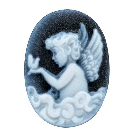 Schwarzer Achat 18 x 13 mm ovale Cherub- und Vogel-Kamee